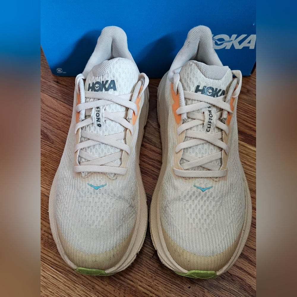 Hoka Girls Clifton 9. Size 4, color Vanilla ( light beige, orange trim )